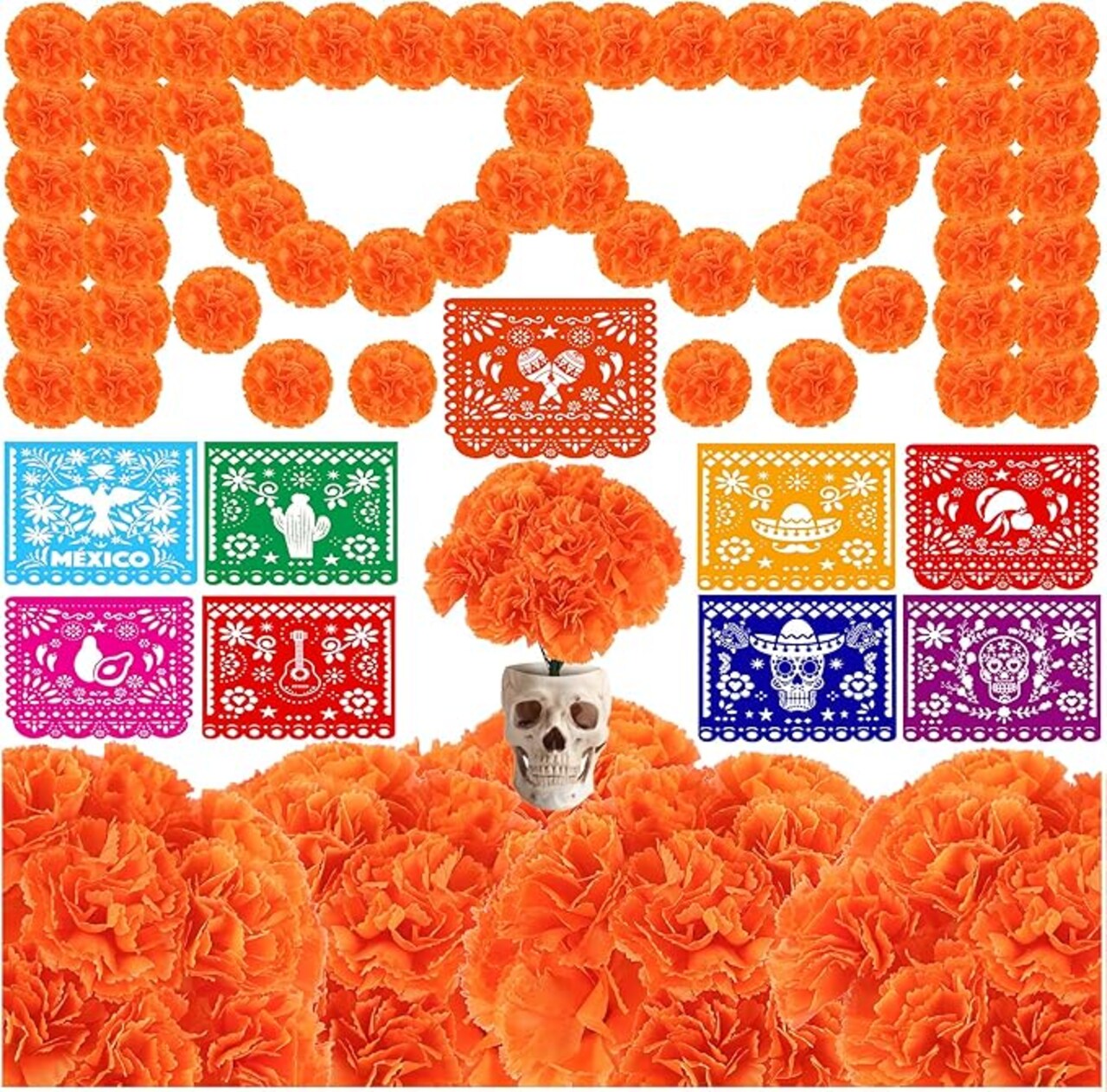 Artificial Marigold Flowers Heads Silk Orange Flower for Dia De Los Muertos Day of the Dead Diwali Home Decor Indian Theme Weddings DIY Wreath Garland Decoration